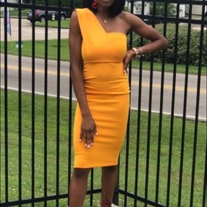 Mustard One Shoulder Body Con Dress